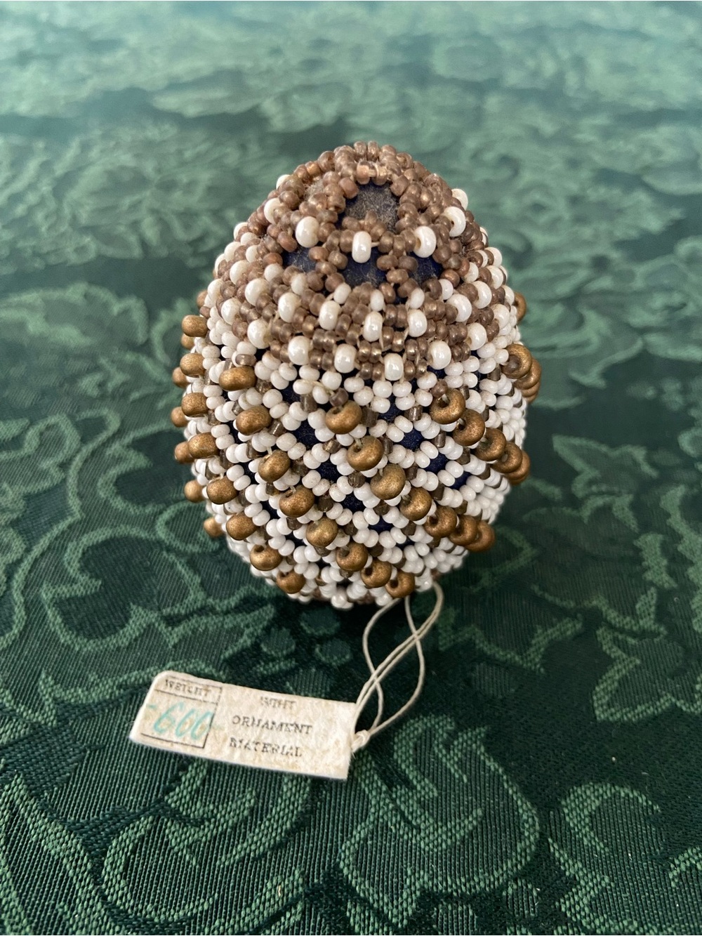Hand Beaded Egg Ornament in White and Gold&Decorative Home Accent Crèch Republic